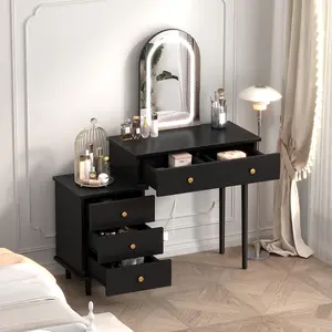 Garvee Lighted Mirror Makeup Vanity Desk (Black), Modern Wood Dressing Table with 2 Drawers & Adjustable 3-Drawer Cabinet
