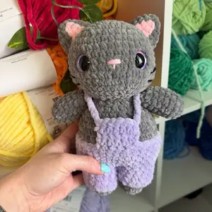 Handmade Crochet Grey Cat with  Overalls