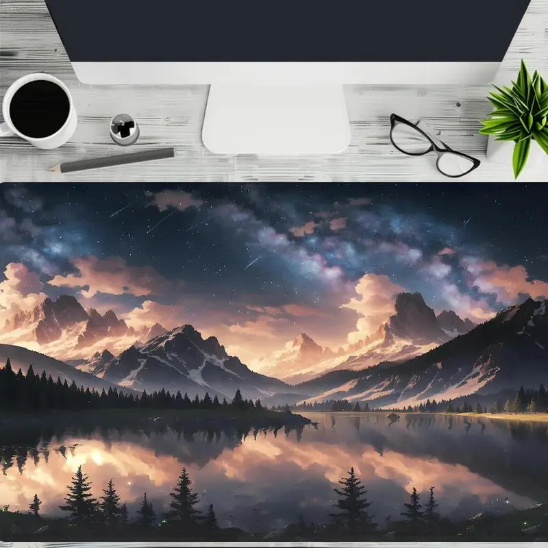 Tranquil Mountain Pattern Mouse Pad, 1 Count Large Gaming Mouse Pad, Office Desk Accessories, Non-slip Rubber Base Stitched Edge Desk Pad for Laptop Desktop, Desk Mat