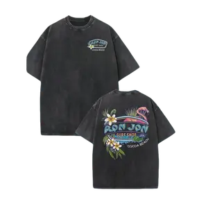 230g Heavyweight Vintage Washed Cotton T-Shirt - Tropical Flamingo & Surfboard Graphic Print, Dual-Sided Beach Carnival Design, Loose Fit Crew Neck Short Sleeve for Men & Women, Summer Surfing, Parties, Beachwear (Machine Washable) Fabric Classic