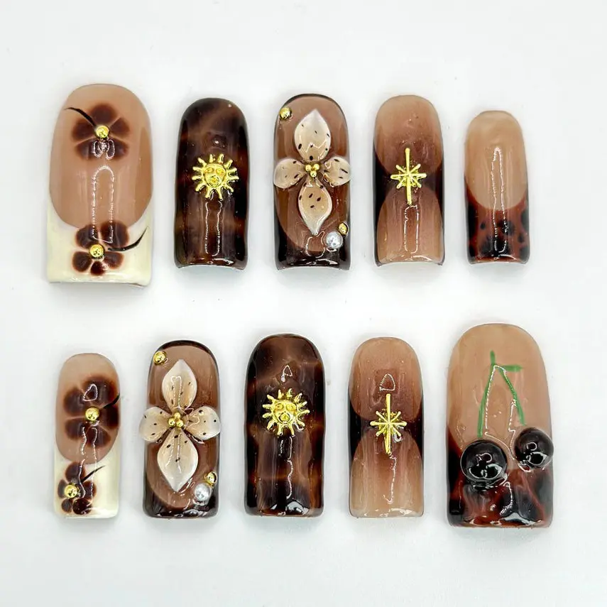 Luxurious Tortoiseshell Press-On Nails | Fun Space and Floral Details | Hand-Painted Brown and Gold Nails with Cherry Details