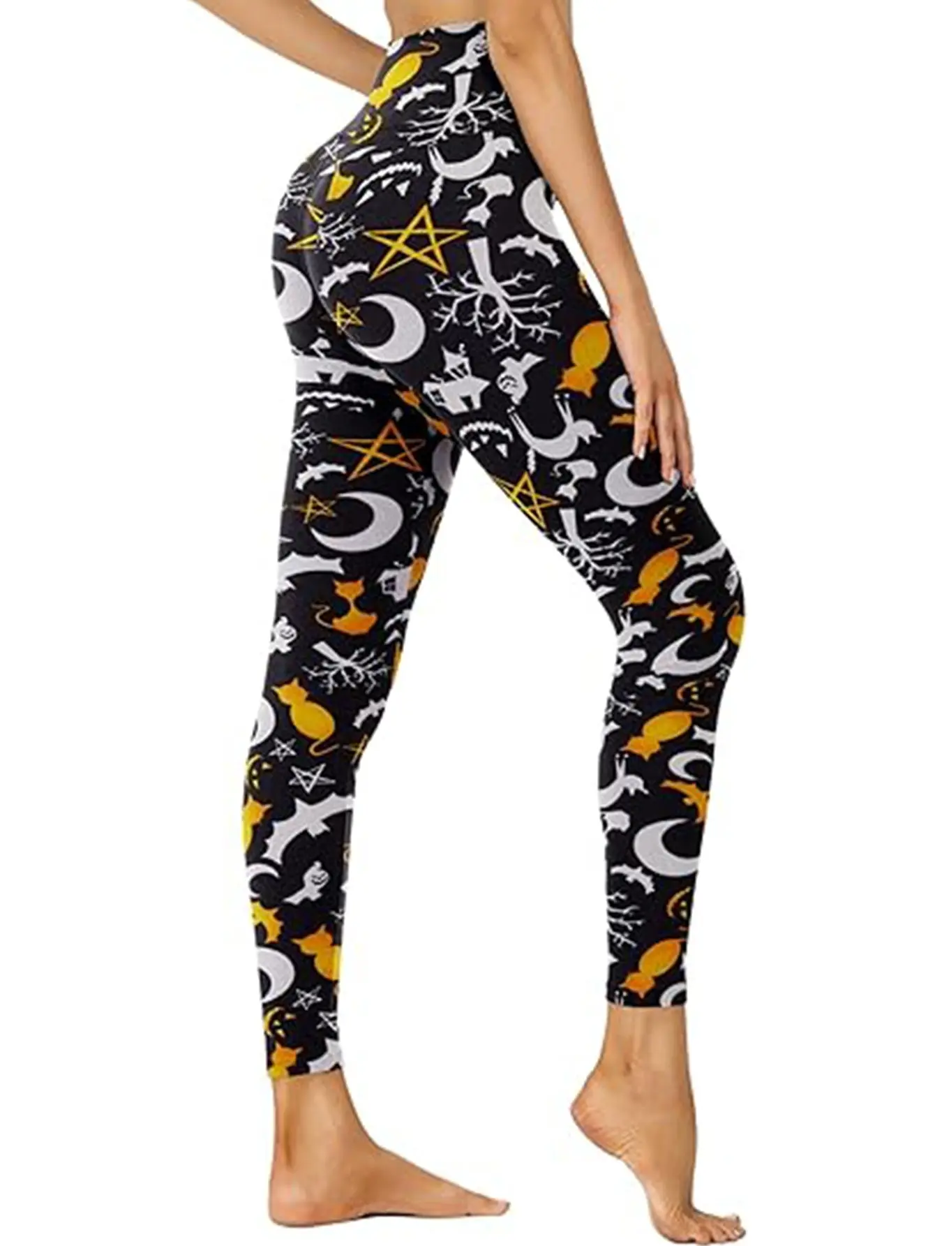 Female Sporty Chic High-Rise Polyester Mix Cropped All Over Print Moon Cat Graphic Sports Leggings - Breathable, Tummy Support, Abdominal Compression, Squat-Proof Casual Activewear for Workout, Yoga