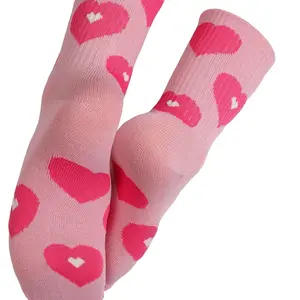 Light Pink Heart Print Ribbed Trim Soft Crew Socks