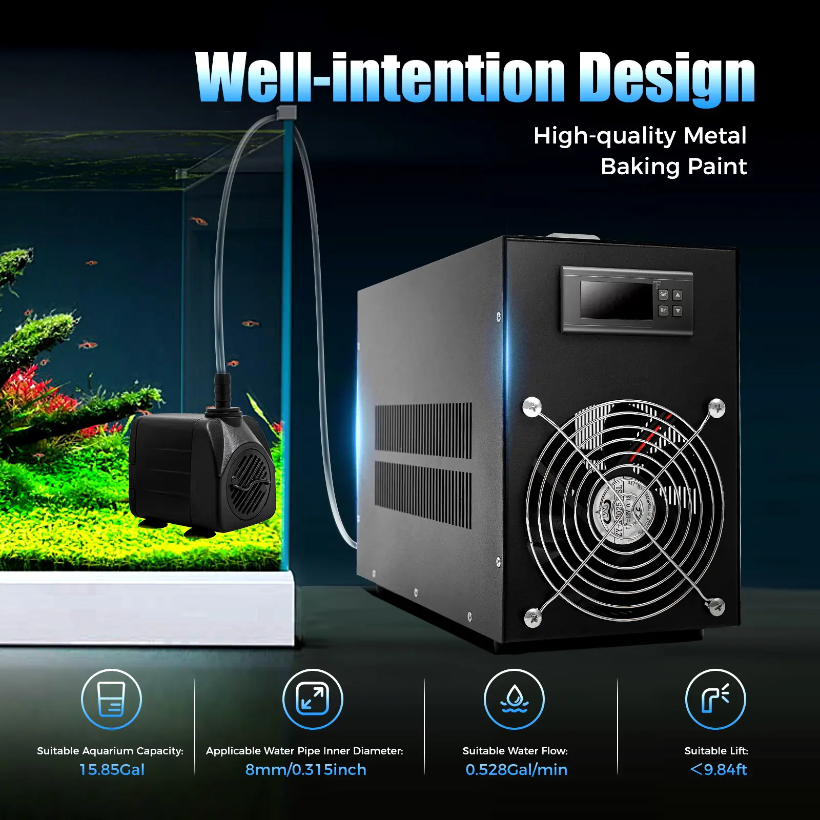 CNCEST 200W Power Aquarium Chiller, 15-Gal Digital Display Fish Tank Cooling Machine with 58-230°F Temp Control, 50dB Quiet Water Cooler for Freshwater & Saltwater Tanks