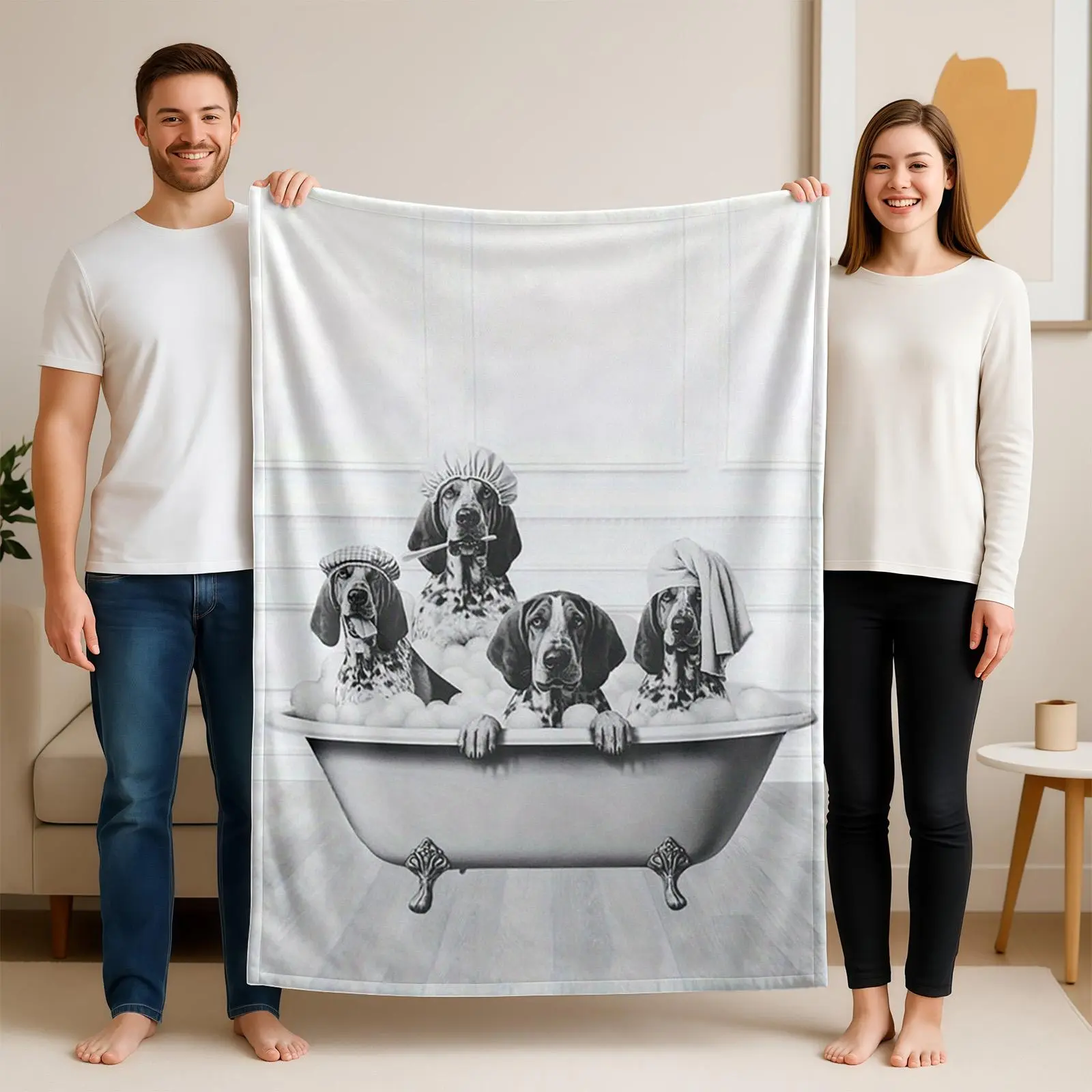 1 piece Four Dalmatian dogs having fun bathing in a bathtub themed flannel blanket - Oversized comfortable fluffy sofa blanket, suitable for beds and sofas, modern geometric pattern design, all-season multi-purpose use, digital printing, 100%