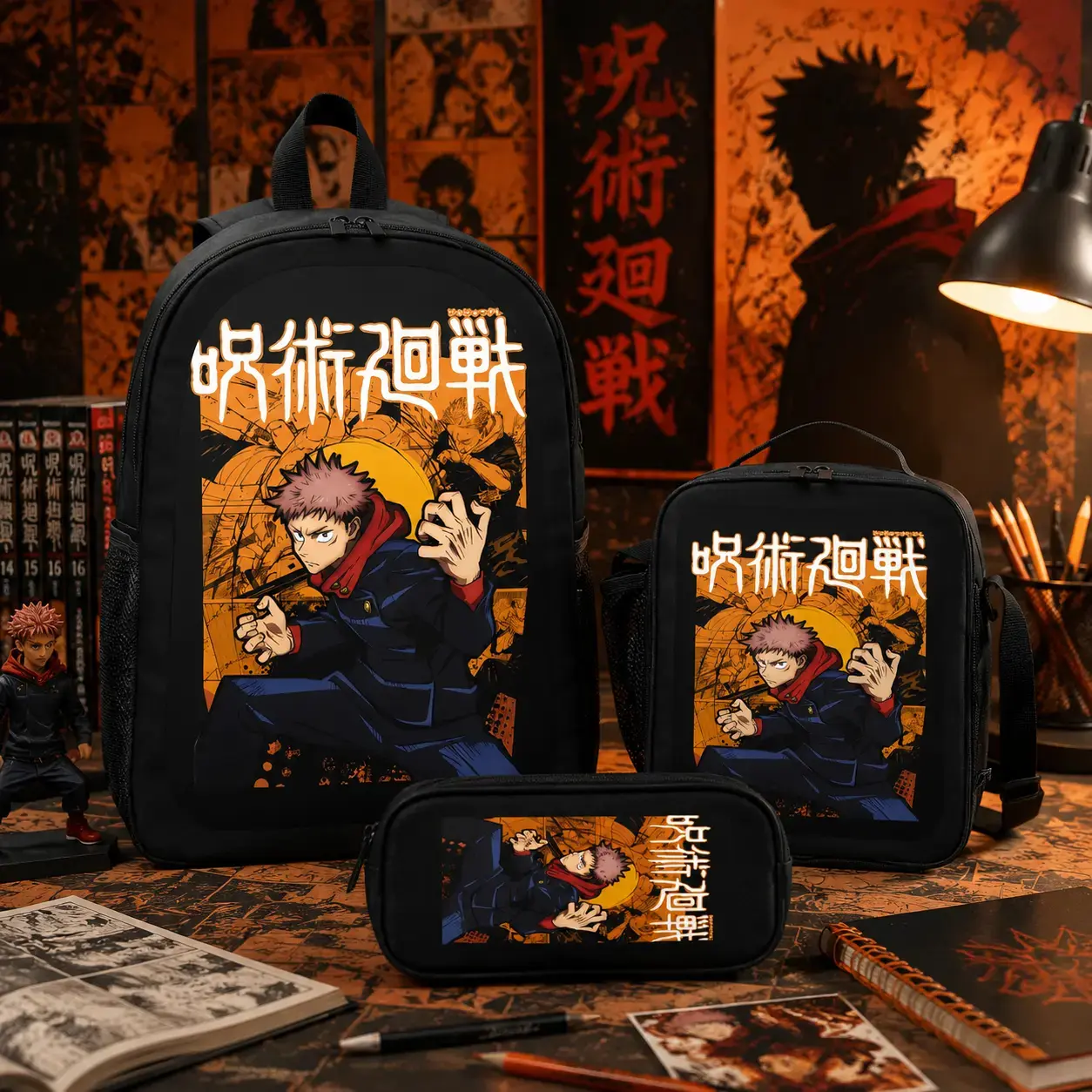 Anime Jujutsu Kaisen Itadori Yuji Print 3PCS Backpack Set with Lunch Box Pencil Case Cool Casual School Backpack Lightweight Travel Daypack for Kids Teens Anime Fans Gift Back to School Trendy TikTok Backpack Bundle Comfortable Shoulder Strap Storage bag