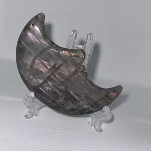 Labradorite Crystal Moon with Face - Unique Design, Gray Color, Elegant Shape for Home Decor