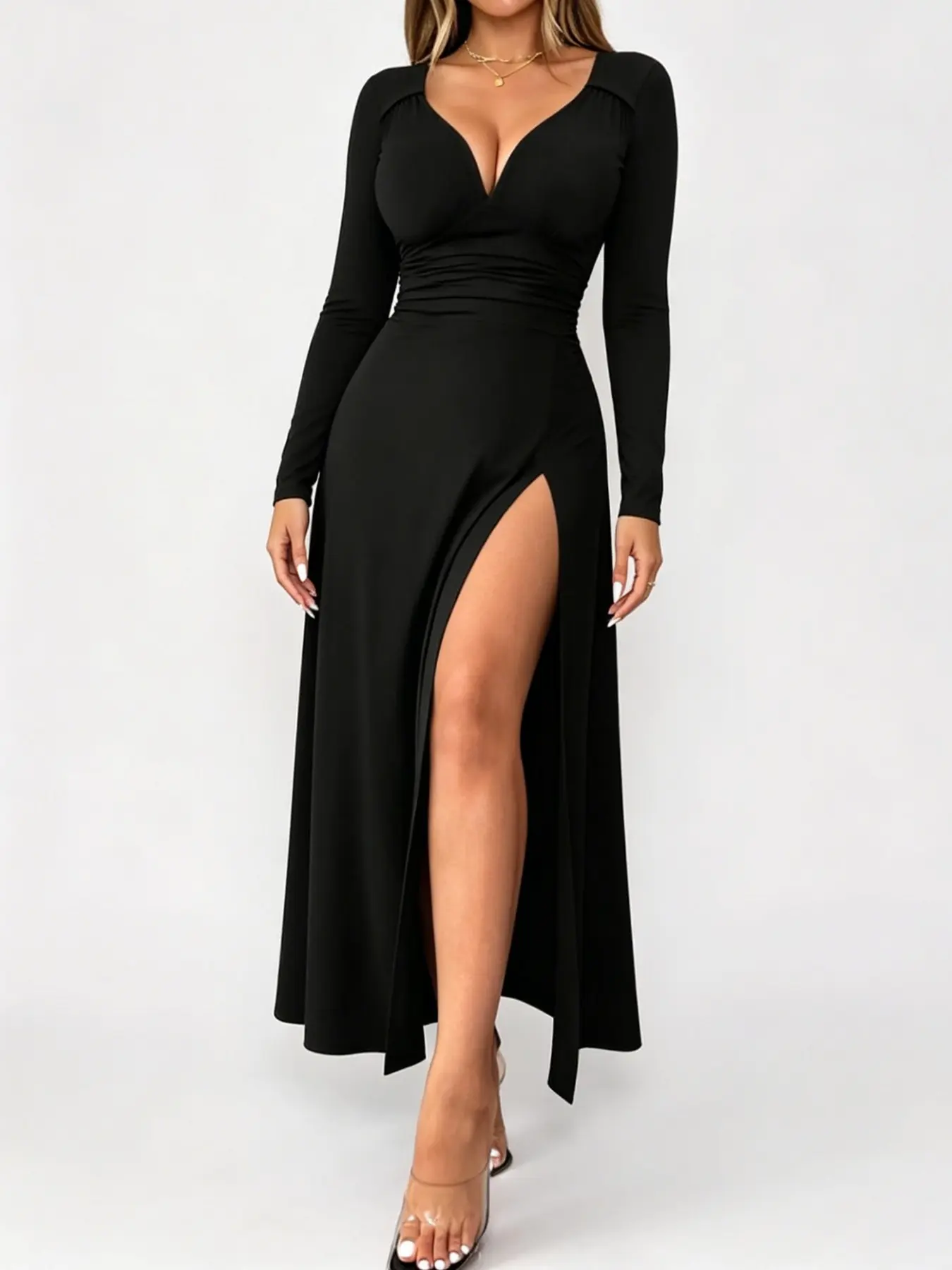 off the shoulder long sleeve bodycon dress Off Shoulder Mesh Ruched Fitted Dress With Long Sleeve main image 1