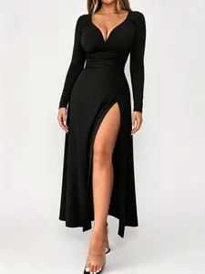 Elegant Black Long Sleeve Maxi Dress For Women Deep V Neck High Slit Design Waist Cinched Slim Fit Formal Evening Gown Perfect For Prom Wedding Party Special Occasions