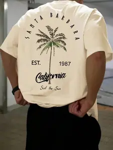 Men's Regular Fit Palm Tree & California Print Round Neck Tee, Casual Short Sleeve T-shirt for Daily Wear, Men's Top for Summer, Tropical, Casual Street Fashion, Streetwear