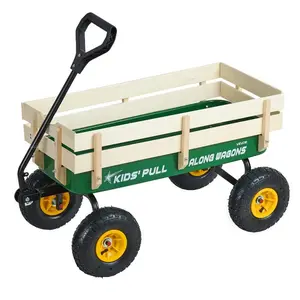 VEVOR Pull-Along Wagon for Kids, 39 inch Toddler Wagons with Wooden Panels Handle, Supports up to 330 lbs, All-Terrain Utility Wagon Cart Birthday Present for Kids Gardening Beach, Green