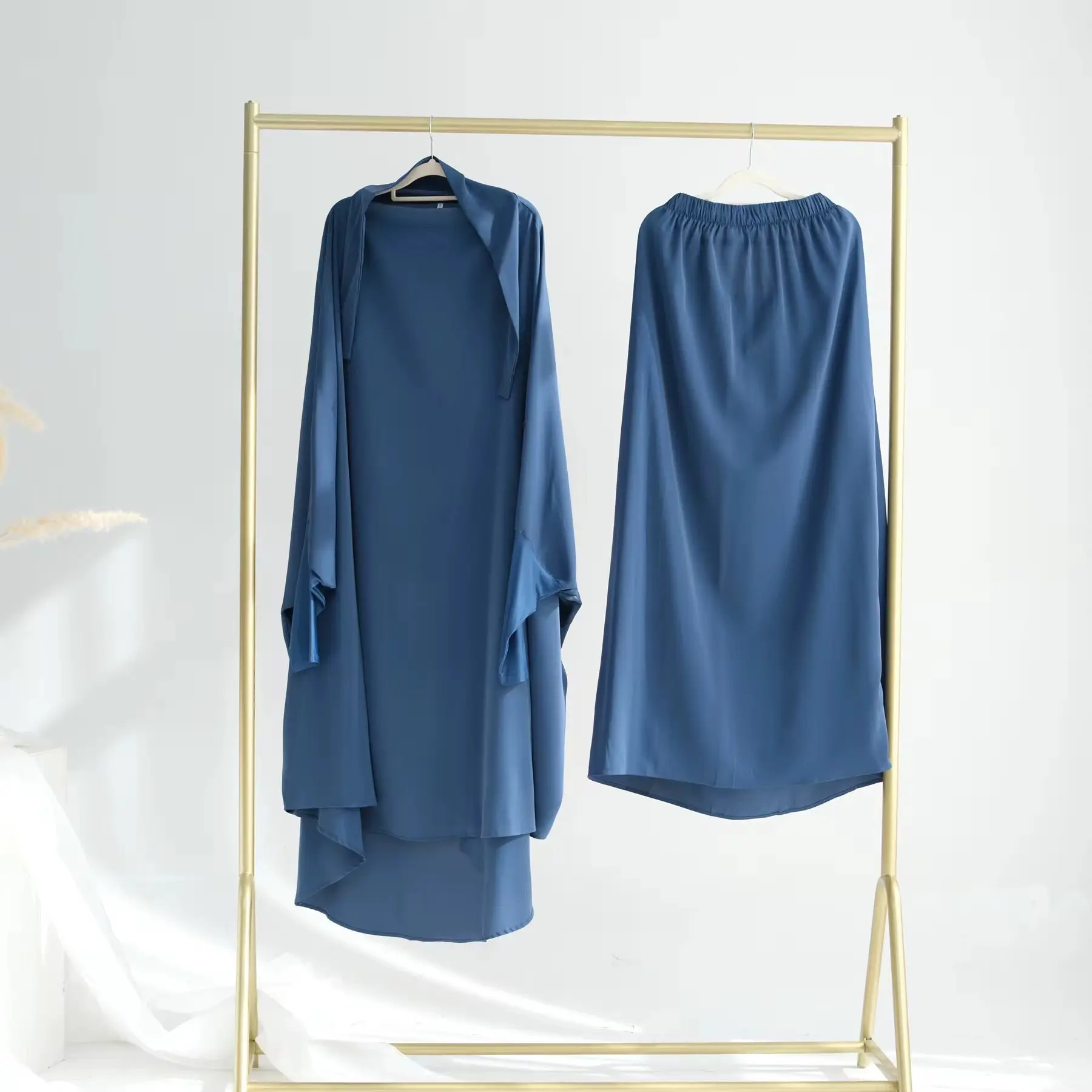 Women's 2-Piece Modest Casual Noor Jilbab Set - Original Blue Long-Sleeve Breathable Lightweight Top, Matching Skirt, and Hijab for Autumn, Sizes S-XL, Two Piece Set Women