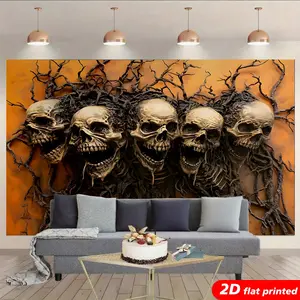 Gothic Horror Skull Photo Tapestry Wall Hanging - 2D Flat Printed Spooky Tree Branch Skeleton Design, Halloween Home Decor, Vibrant Sugar Polyester Backdrop for Bedroom Scary Party