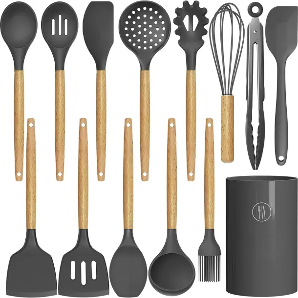 Silicone Cooking Utensils Kitchen Utensil Set - 446°F Heat Resistant Silicone Kitchen Utensils Set, Spatula,Turner Tongs, Spoon, Brush, Whisk,Kitchen Gadgets for Nonstick Cookware, BPA Free (Gray)