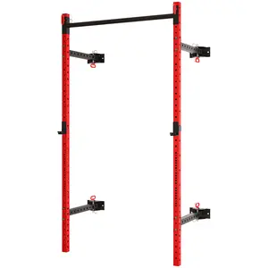 Red wall mounted folding squat rack with pull up bar and multi level height adjustment suitable for daily workouts of fitness beginners and professional enthusiasts