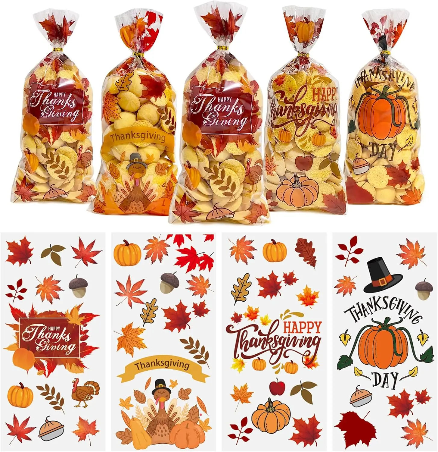 50PCS Thanksgiving Treat Bags with 60 Twist Ties – Fall Cellophane Gift Bags for Cookies, Candy, Snacks, and Party Favors – Pumpkin, Turkey & Maple Leaf Thanksgiving Goodie Bags for Kids
