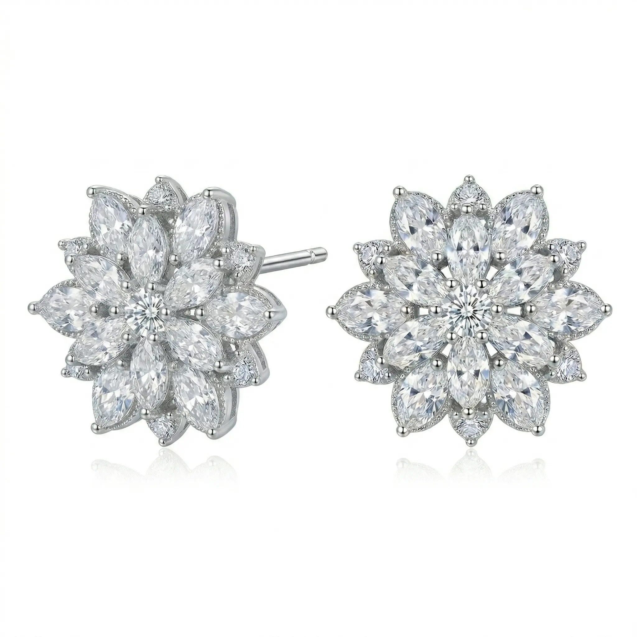 Women's 925 Sterling Silver Plated Multi-Layer Sparkling CZ Stud Earring Pack - Full Coverage Snowflake Sunflower Floral Stacked Earrings with Multi-Cut Crystals, Cubic Zirconia Studs, Ear Stacking, Flower Cluster Earrings