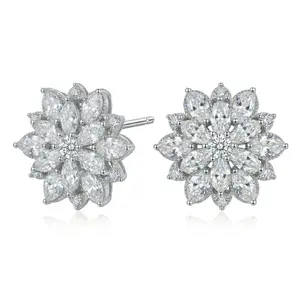 925 Sterling Silver Plated Layered Snowflake Sunflower CZ Stud Earrings for Women Radiant Multi Cut Crystal Stacked Floral Earring,summerwins