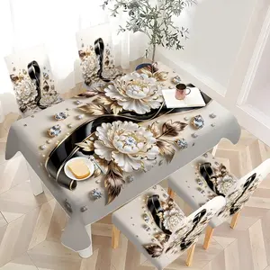 2/4/6/5/7 pieces of fashionable and high-end chair cover and tablecloth sets, thickened chair cover and tablecloth sets (1 tablecloth + 4 chair covers or 1 tablecloth + 6 chair covers), easy to care for, reusable, for home decoration