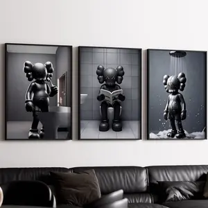 Set of 3 Black Kaws in Shower & Bathroom, Kaws Poster, Hypebeast Prints, Washroom Wall Art, Bathroom Decor #115