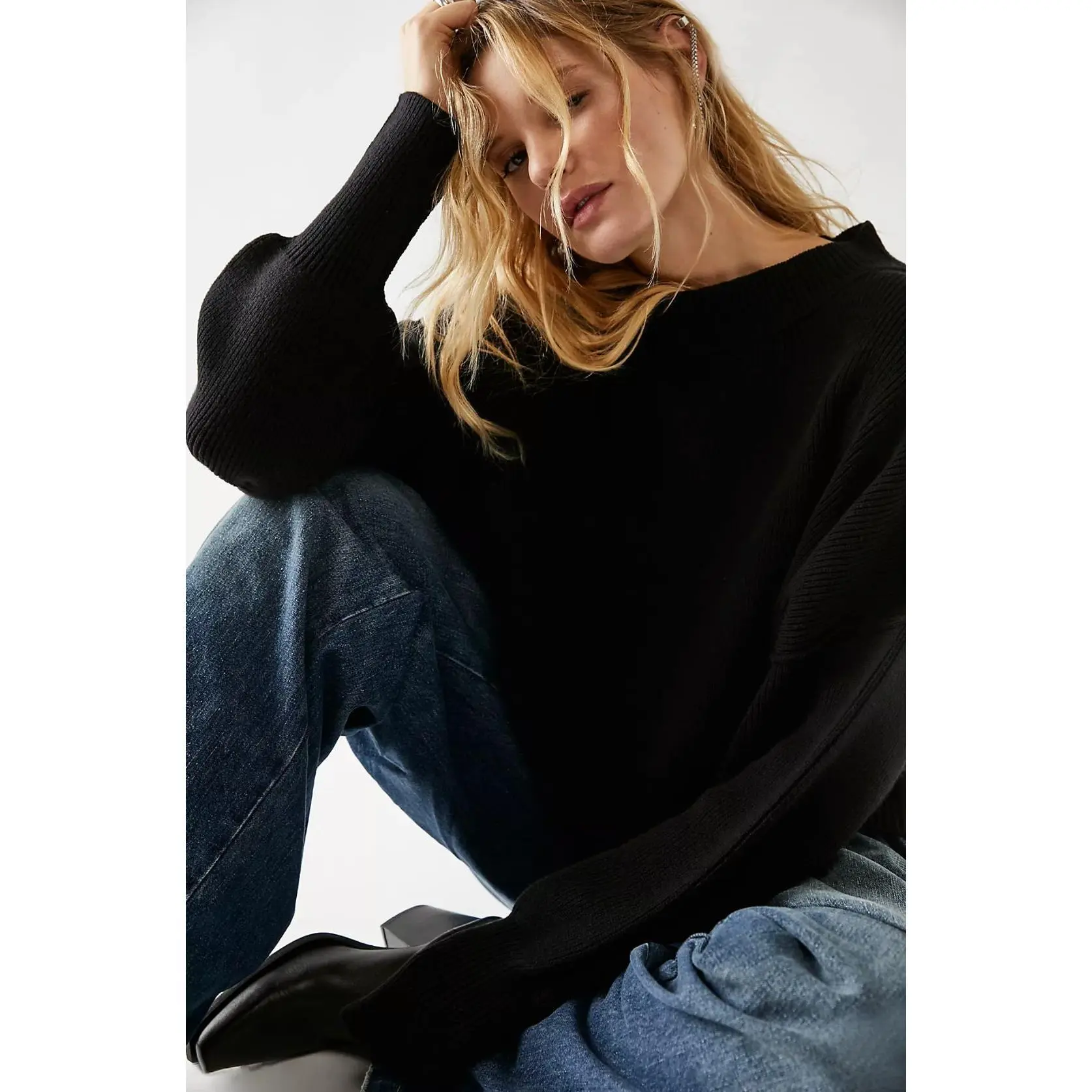 Women's Crewneck Cropped Sweater Fall Batwing Sleeve Oversized Side Slit Ribbed Knit Pullover Jumper Tops