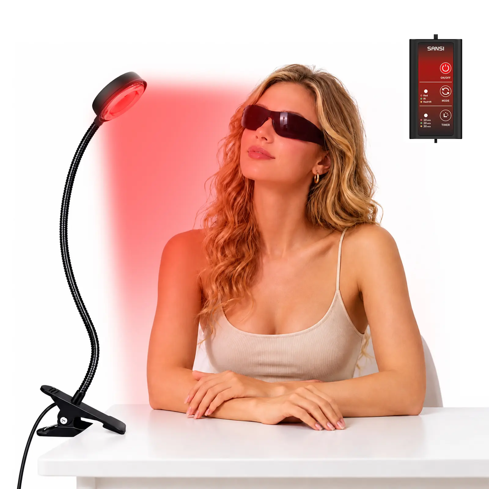 SANSI Red Light Therapy Lamp, 660nm Red & 850nm Infrared Light, Clip‑on Adjustable Gooseneck With Timer, Skin‑Close Design for Face Body Relaxation 1‑Head