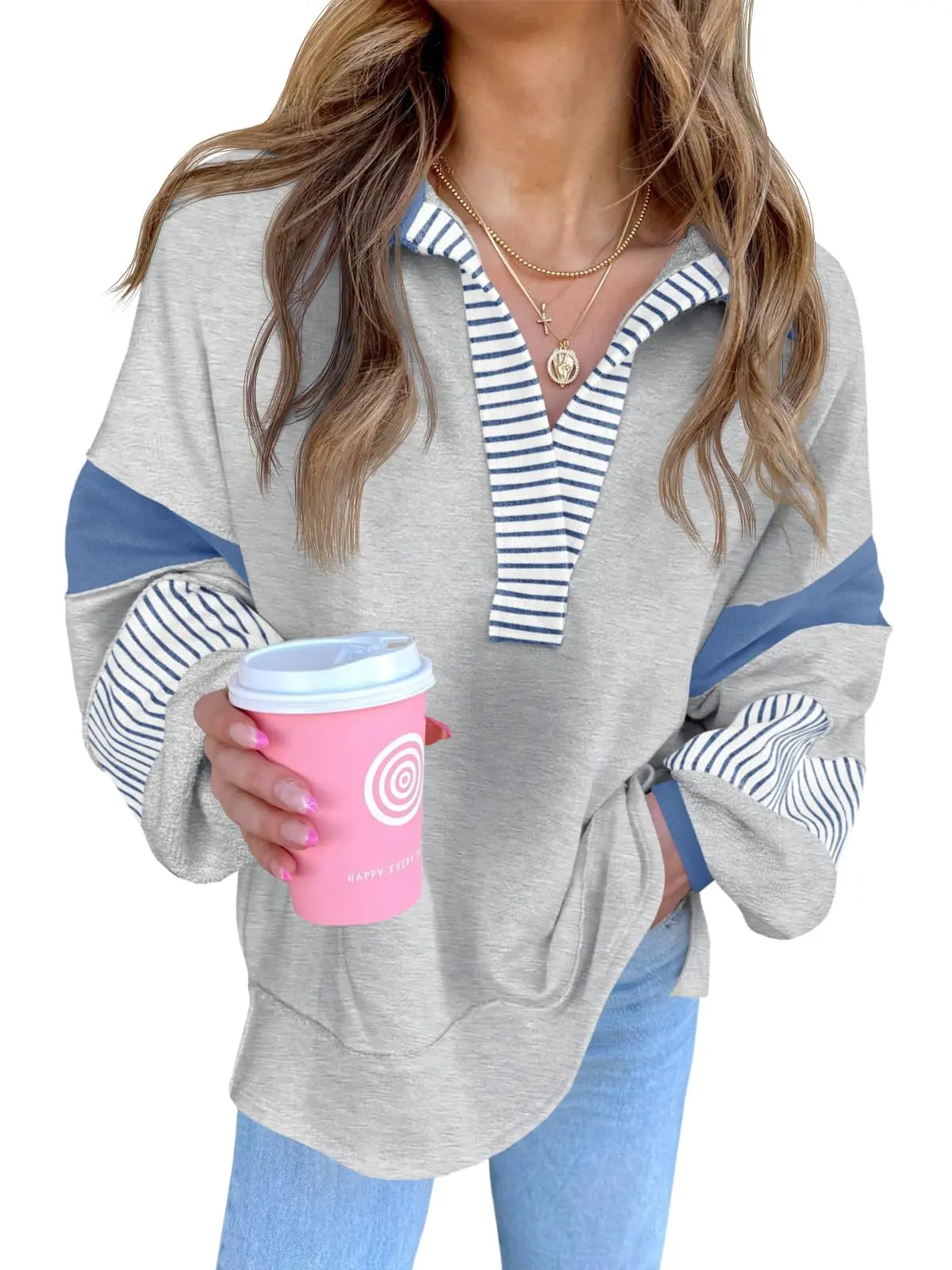 PiePieBuy Women's Sweatshirt, Casual Loose Fit Striped Colorblock Pullover Tops, V-Neck Long Sleeve Design, Foldable for Casual Wear, Chic, Athletic