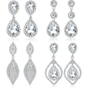 LOYALLOOK 4Pairs Crystal Clip on Earrings for Women Crystal Teardrop Wedding Earrings for Brides Bridesmaids Long Drop Dangle Clip Earrings Set for Prom Party Non Pierced Jewelry