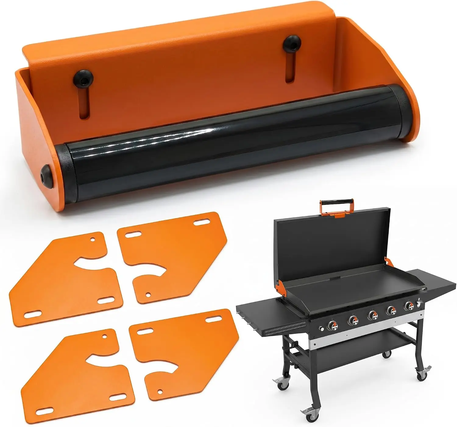 Handle & Hinge Kit for Blackstone Griddle 28" 36" 44" Lid Hinges and Handle | No-Drill Clamp-on Griddle Accessory for Blackstone Hard Cover, Durable Orange Powder-Coated Steel，Bracket Accessories
