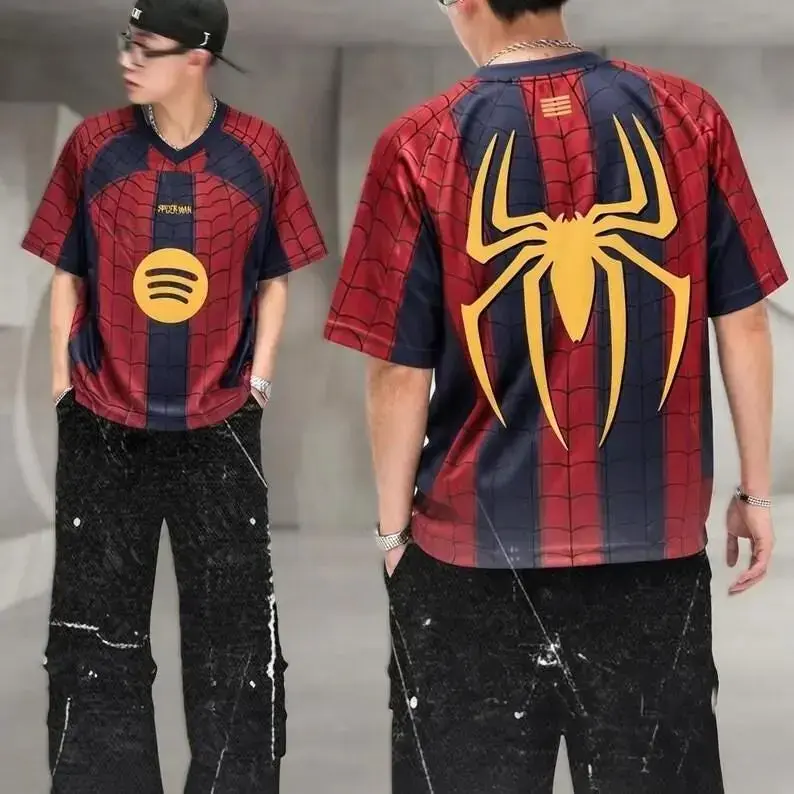 Spidey Hero Inspired Soccer Jersey, Red Blue Graphic Football Shirt, Unisex Comic Fan Sports Top, Streetwear Gift