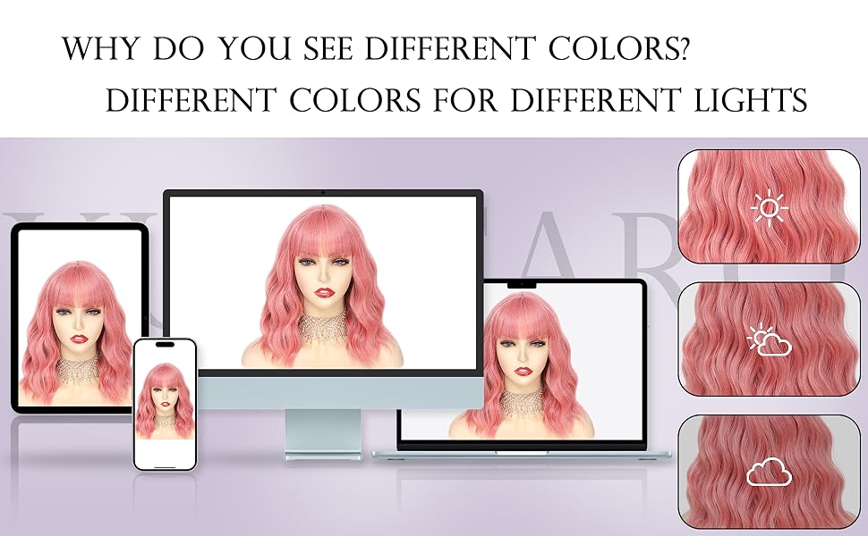 Pastel Pink Wavy Bob Wig for Women, Short Shoulder Length Synthetic Wig with Bangs, Natural Looking Lightweight Hairpiece for Gift & Cosplay Costume Party