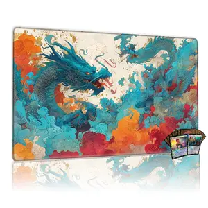TCG, MTG, CCG RPG trading card game MATS, vibrant mythical twin dragons, azure, orange & red cloud art, dynamic fantasy playmat, anti-slip, durable, table/mouse pad decor.