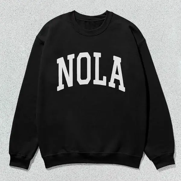 Unisex NOLA Collegiate Minimalist Crew Neck Sweatshirt - Pull-On Longsleeves Pullover with New Orleans Slogan Graphic Print, Soft, All-Season Menswear Top