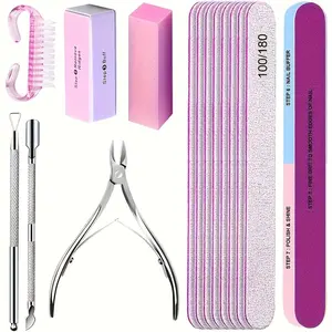 15Pcs/lot Nail Art 100/180 Grit Professional Files Buffer Sponge Block Brush Nail Scissors Kit With Cuticle Nipper Pushers Manicure Set UV Gel Polish Tools Nail Clipper Set Nail Trimmer Kit