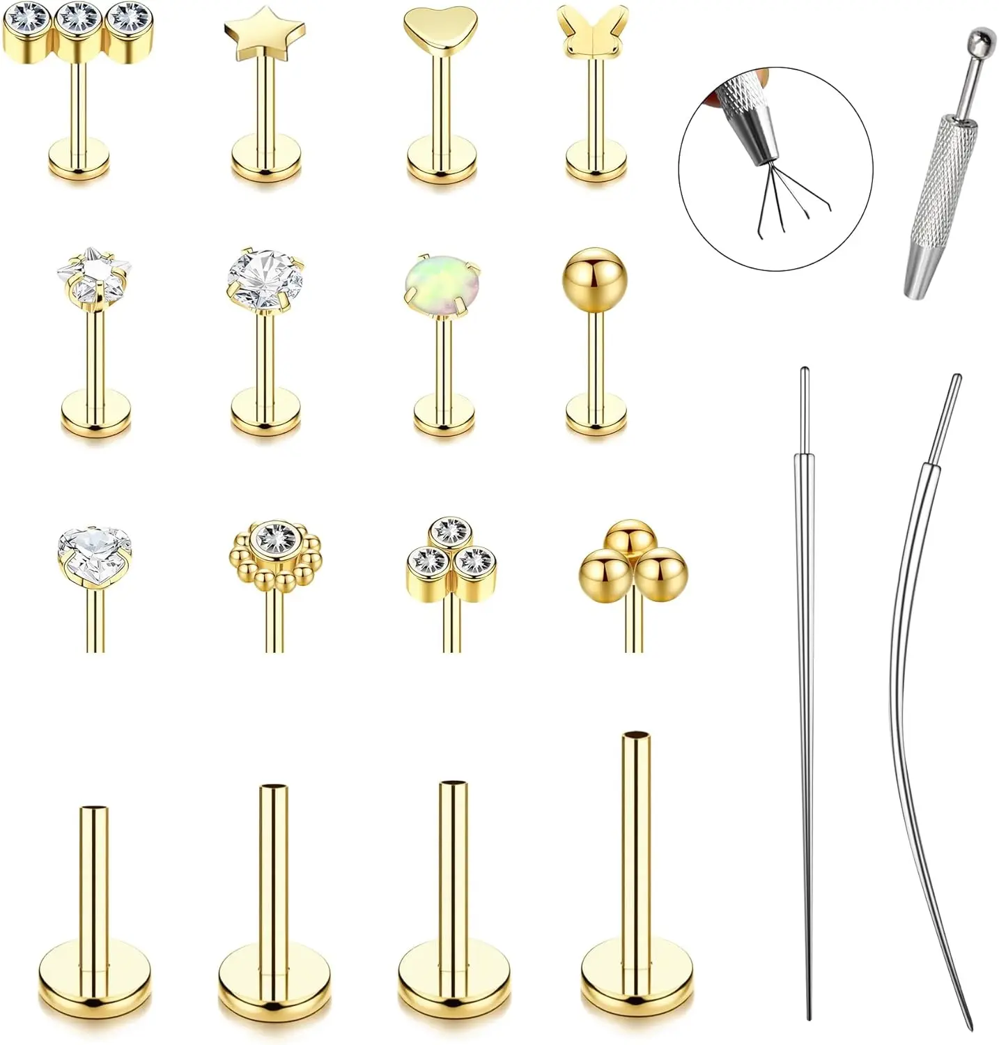 15 count 20G/18G/16G Flat  Push in Stud Earrings 316L Surgical Stainless Threadless nose rings Medusa    Labret Studs Lip Rings ring for Women Men Be Equipped With Ball Grabber Tool