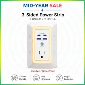Multi Plug Outlet Surge Protector -SummerVibes- POWSAF 5 Outlet Extender with 4 USB Ports(2 USB-C Fast Ports) and Night Light, 3-Sided Power Strip with Adapter Spaced Outlets - ETL Multiple Sockets