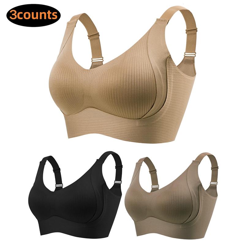 [7/5/4/3Pcs]Women's Solid Four-breastedAdjustable Wireless Bra,Curvy SoftComfortable BreathableRibbed PushUp Seamless Bra,Women's Lingerie forAll Seasons,Womenswear
