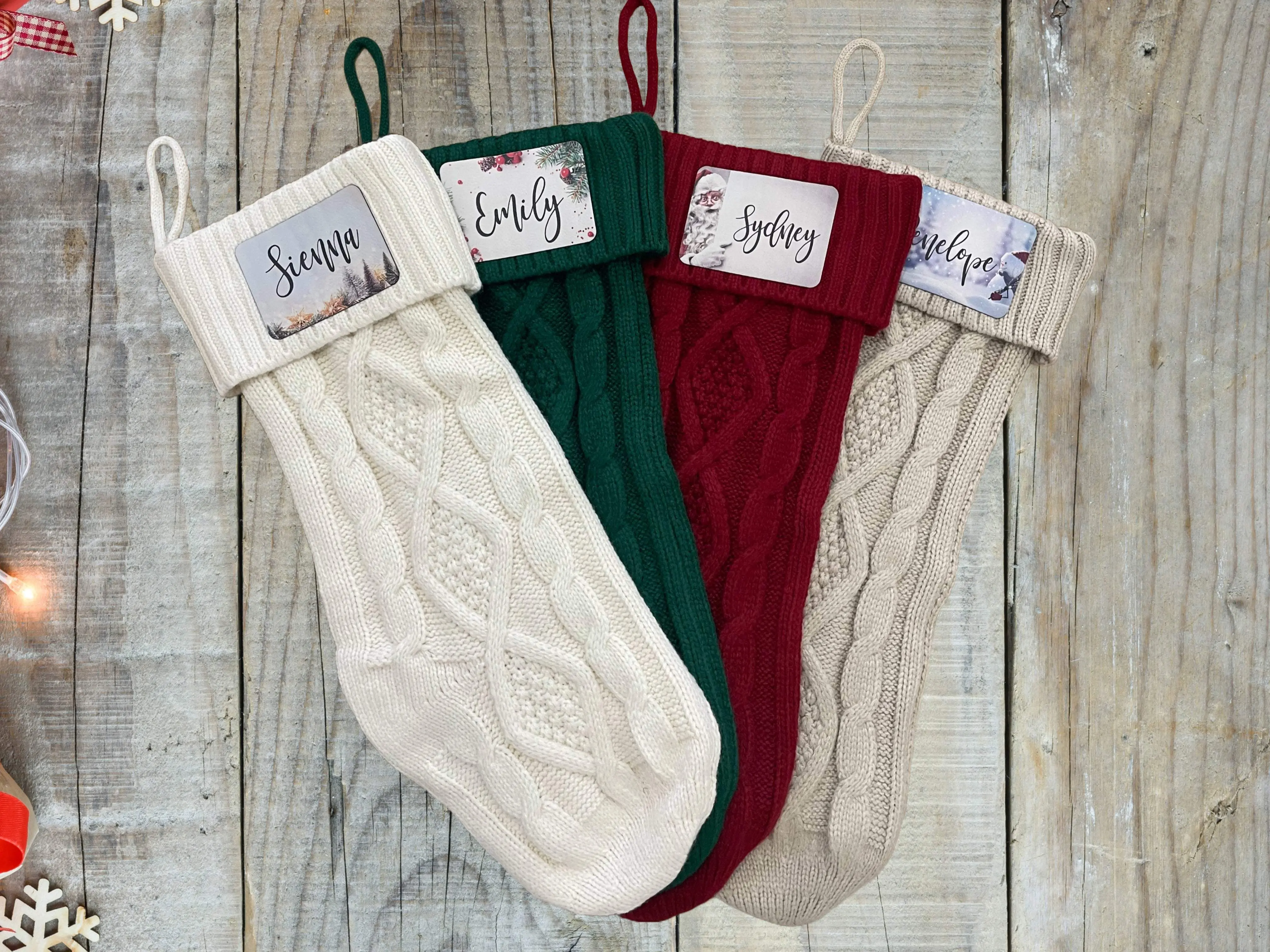 Knitted Christmas Stockings with Personalized Leatherette Name Tags