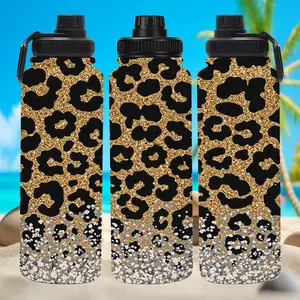 33oz Glitter Leopard Print Insulated Water Bottle | Sparkly Gold & Black Stainless Steel Flask | Reusable Leakproof Sports Bottle for Gym, Travel | Perfect Birthday Gift for Women
