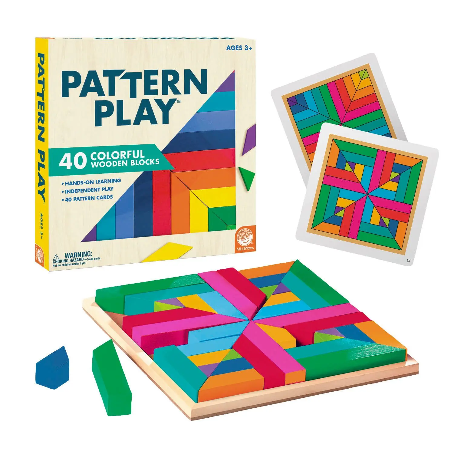 MindWare Pattern Play Colorful Blocks Puzzle - Wooden Set with 10.5" Square Tray, 40 Pattern Cards, for Ages 3 and Up