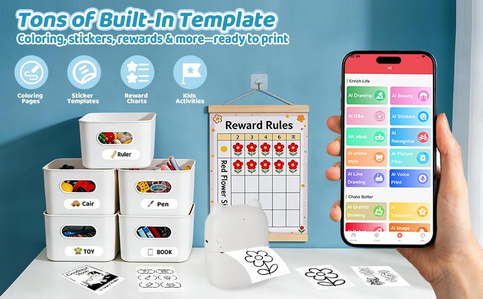 AI Voice Sticker Printer for Kids, Mini Thermal Sticker Maker, Inkless Portable Talk-to-Print Printer for Coloring Pages, Journals, DIY & Gifts