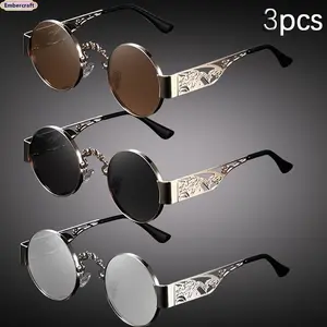 Unisex 3-Pair Personalized Glasses Set, Double Dragon Play Beads Hollow Wide Metal Frames, Printed Temples, Nose Pads, Vintage Stylish Lightweight Comfortable for Daily Casual Streetwear