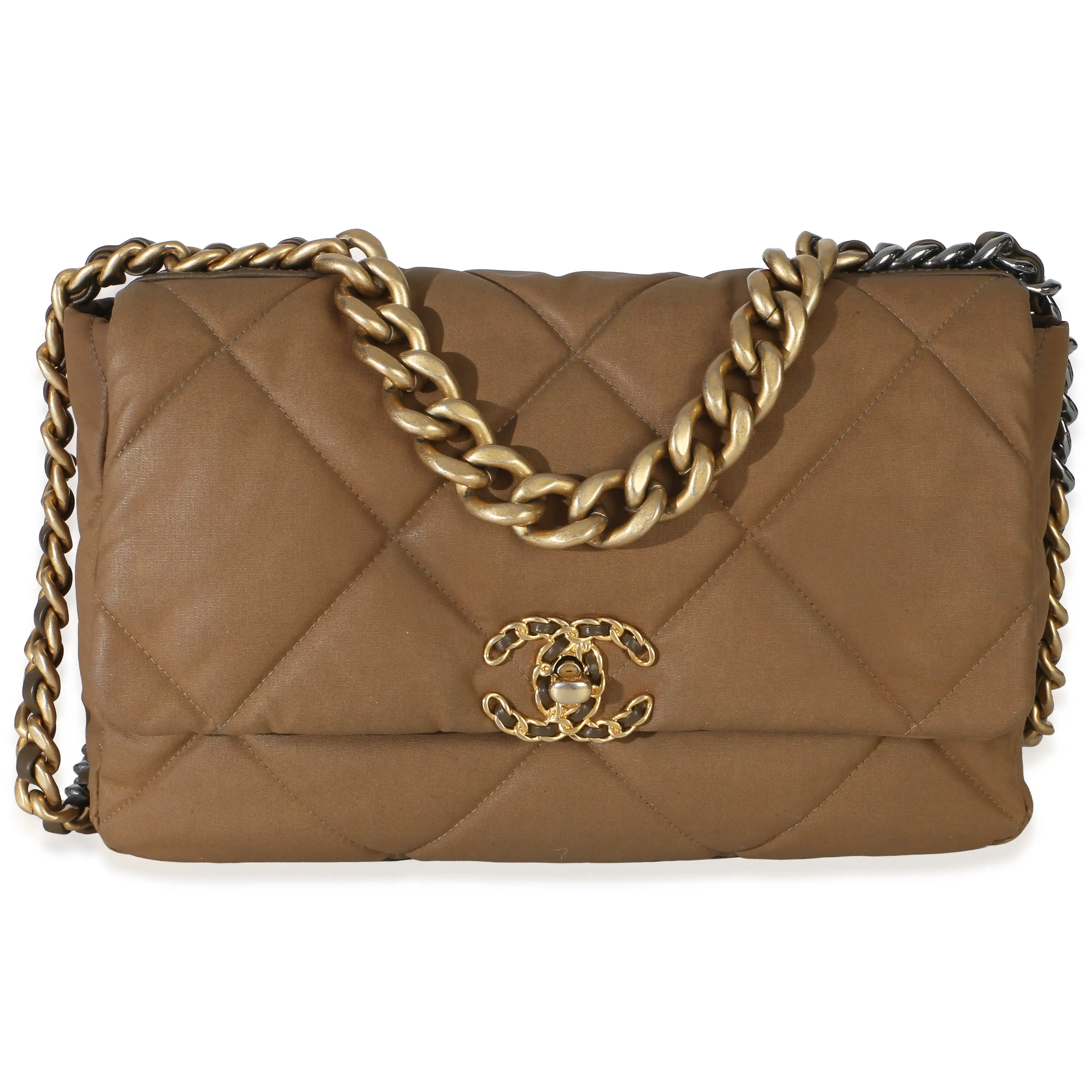 Pre-owned Fabric Crossbody bags Brown Quilted Canvas Large Chanel 19 Flap Bag