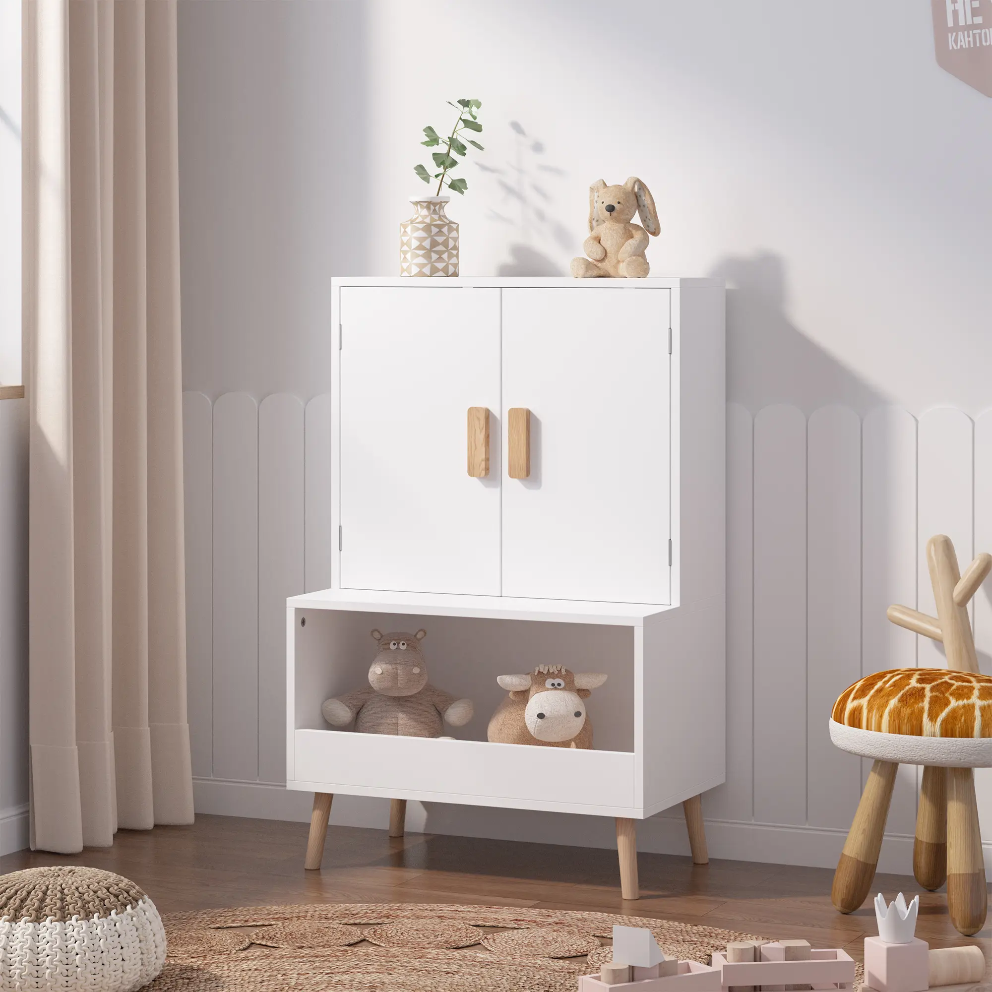 Kids Toy Storage Cabinet with Doors and Open Shelf, White Modern Wooden Organizer with Natural Wood Legs, Toddler Bookshelf for Playroom, Nursery, Bedroom