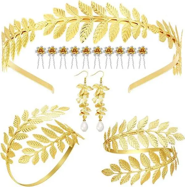 15 PCS Goddess Headpiece Accessories Women Golden Leaves Bridal Crown Headband Greek Goddess Wedding Headpiece Hair Accessories Bracelet Earrings Hair Pins