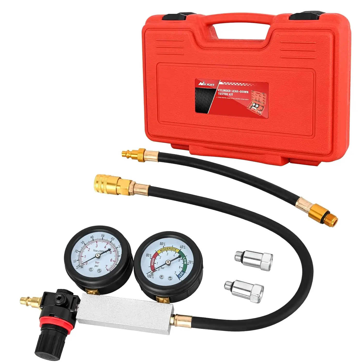 Nilight Cylinder Leak-Down Tester 1 Kit, Dual-Gauge Automotive Diagnostic Tool for Leak Detection, 0-100 psi, with 10mm/12mm/14mm Spark Plug Adapters for Cars, Trucks