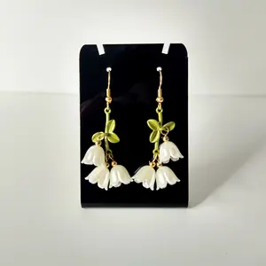 #568 White Lily Flower with Green Leaves Earrings, Casual, Spring, Summer, Acrylic