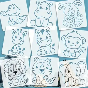 Set of 9 Reusable Animal Stencils, Adorable Shapes for Craft Art, 3.9x3.9 Inches, Ideal for Fabric, Canvas, T-Shirts, Wall Decor