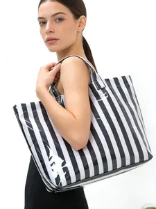 Striped Waterproof Magnetic Buckle Shoulder Bag, Large Capacity Travel Commute Tote, Durable Fashion Cosmetic Storage Bag, Shopping Bucket Bag, Multifunctional Portable Bag