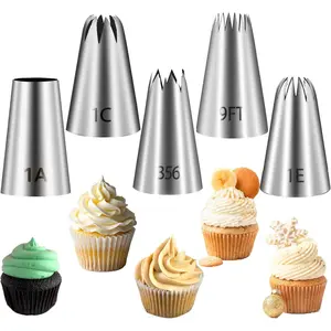 5 Pieces Large Piping Tips Set (1A, 356, 1C, 1E, 9FT) – Stainless Steel Cake Decorating Nozzles for Frosting, Icing, Cupcakes, Cookies, Dishwasher Safe Baking Tools